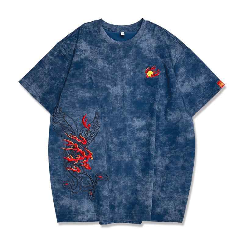 Tシャツ メンズ トップス 鳳凰 刺・墸 クルーネック 半袖 ゆったり ルーズフィット 薄手 カジュアルウェア 国潮スタイル 高級感 綿混 通気性 ブラック ブルー