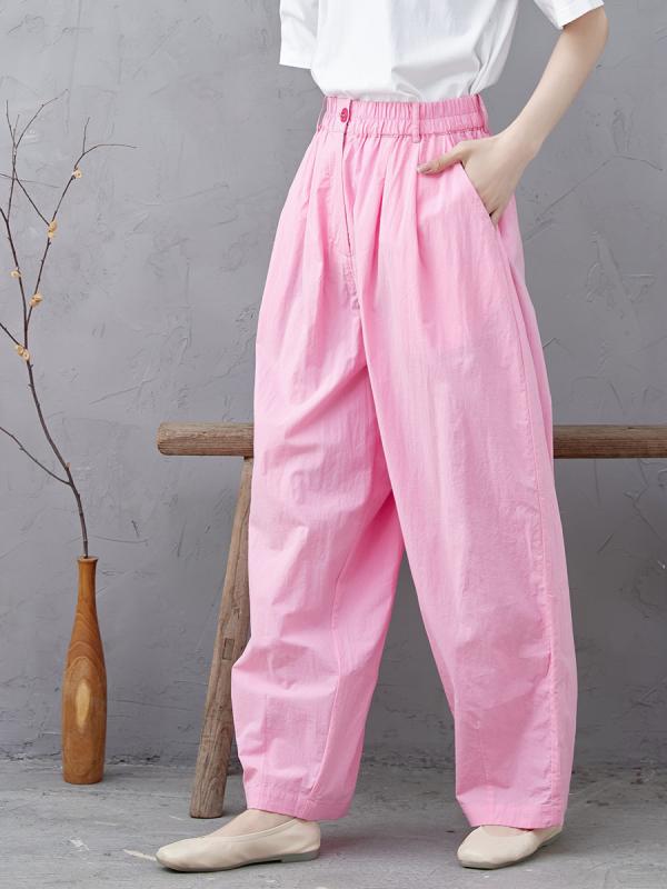 パンツ レディース 女性用 ハイウエスト ワイドパンツ ロング丈 ゆったり ウエストゴム オーガニックコットン 長繊維綿 薄手 快適 楽ちん ピンク 春夏 カジュアル 普段使い ポケット付き｜花りぼん