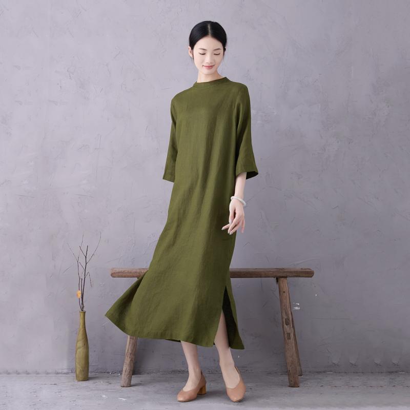 衣装 レディース 心地よい レトロ ヴィンテージ 麻 リネン ロング丈 モックネック ハイネック 七分袖 A生産ライン ゆったり 伸び伸びする填まる 気が大きい大きさ オリーブ緑であること モスグリーン 無地 ウォッシュ産業 春夏