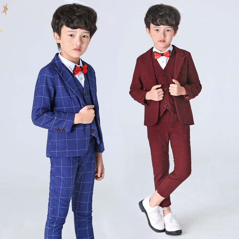 スーツ 男の子 キッズ パンツスーツ チェック柄 フォーマル 韓国風 発表会 結婚式 入学式 卒業式 七五三 礼服 正装 舞台衣装 スリーピース 春秋 長袖 ベスト 蝶ネクタイ付属 綿混 レーヨン混