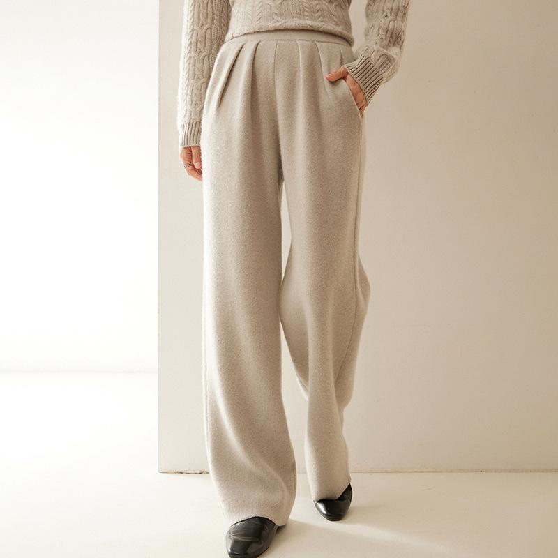 パンツ レディース ハイウエスト 着痩せ 体型カバー プリーツ ワイドストレート ロング丈 カシミヤ ストレッチ 無地 ダブルポケット 通勤 オフィス カジュアル｜花りぼん