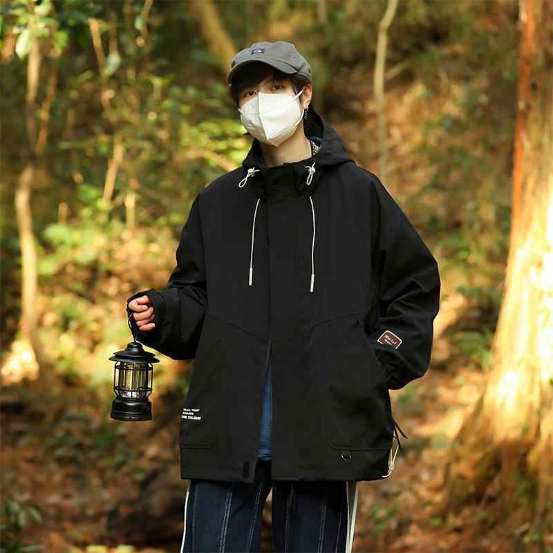 上衣 メンズ 年月 細工物上衣 ボンネット付き添い人 心地よい表現スタイル ゆったり ビッグ影ぼうし ポリエステル 薄っぺら 耐摩耗 ジップアップ 長袖 アウター 立体衣嚢 無地 アウトドア 旅する ありの実ルック 黒いこと カーキ