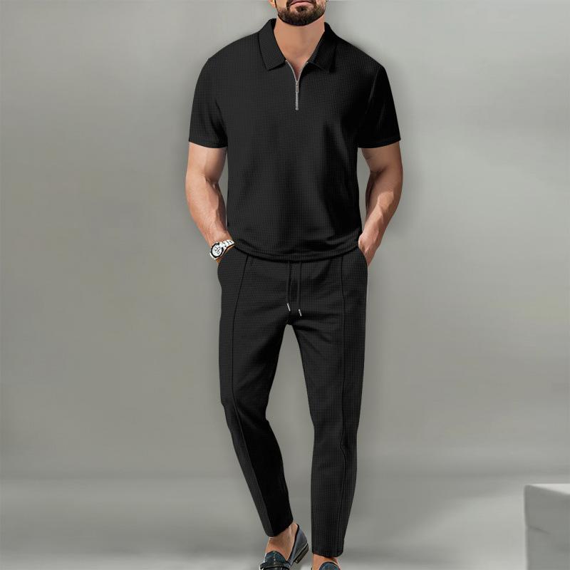 セットアップ メンズ 男性用 春秋 カジュアル リラックス ワッフル素材 襟付き 半袖 ショートスリーブ ジップアップ ロングパンツ 長ズボン 無地 シンプル 上下セット