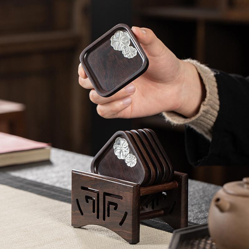 コースター 黒檀 木製 断熱 保温 カップマット ティーマット カップホルダー セット モダン シンプル 高級感 ティータイム
