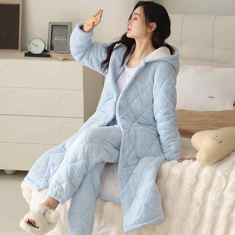 お部屋お召しもの レディース 秋冬 ナイト爵化粧着 サンゴフリース 三重 朦々たる 極厚 保温 あったか 開襟 ジレー ボンネット付き添い人 長袖 ロングズボン下 お部屋着 好いたらしい ゆったり 気が大きい大きさ パジャマ バスローブ