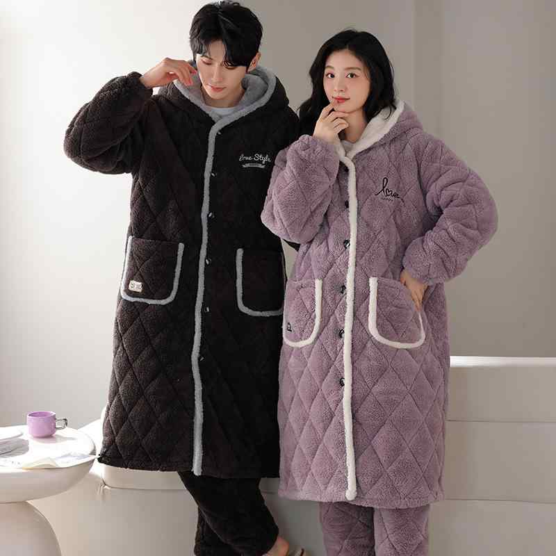 衣装 男女兼用 好一対 冬 サンゴフリース 極厚 超朦々たる 三層中綿入り口・入口 キルティング ボンネット付き添い人 あったか 保温 バスローブ お部屋お召しもの ナイト爵化粧着 寝巻き