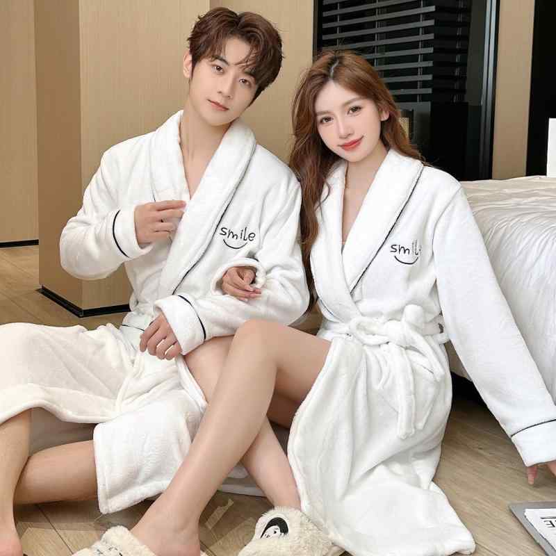 ルームウェア ユニセックス カップル用 バスローブ ガウン パジャマ フランネル 珊瑚フリース 厚手 裏起毛 ゆったり 大きいサイズ 快適 Vネック 秋冬 ホワイト