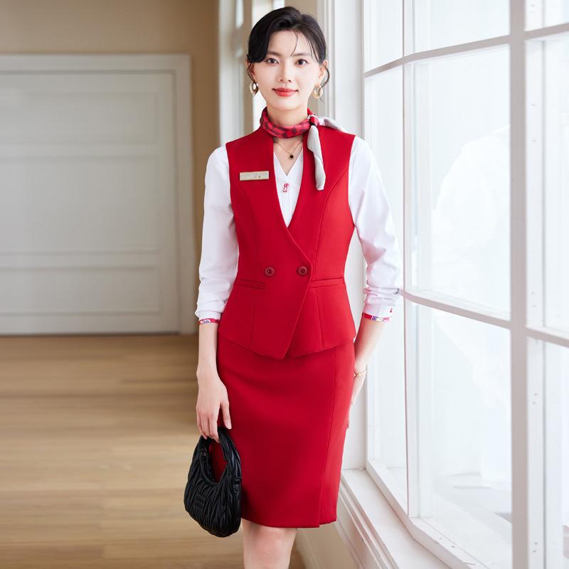 ベスト レディース 宝石店販売 ホテル フロント マネージャー 事務服 オフィス セットアップ ポリエステル Vネック ダブルボタン きれいめ 上品
