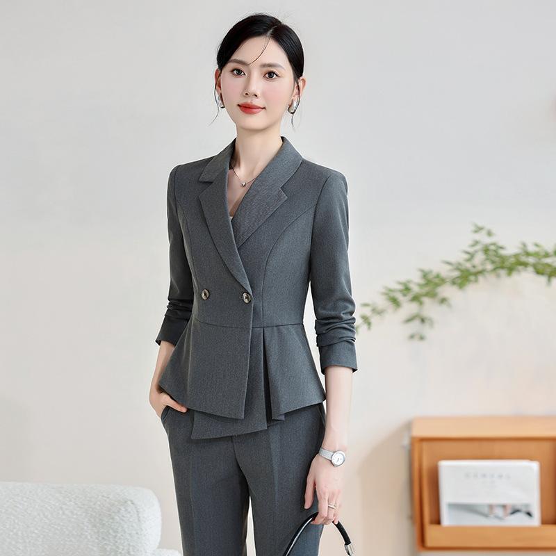 スーツ レディース セットアップ グレー テーラードジャケット ロングパンツ オフィス ビジネス 通勤 事務服 受付 ホテル 美容院 宝飾店 制服 ユニフォーム 長袖 ポリエステル レーヨン