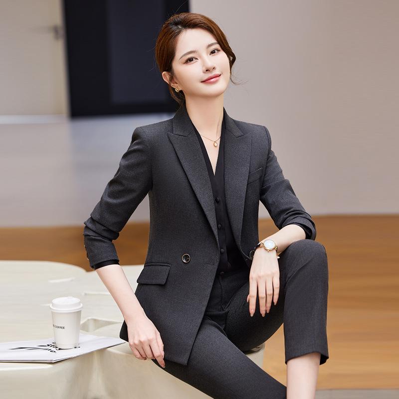 スーツ レディース 秋冬 エレガント ビジネス オフィス ホテル 制服 フォーマル セットアップ ジャケット ポリエステル素材 ブラック ダークグレー ブルー
