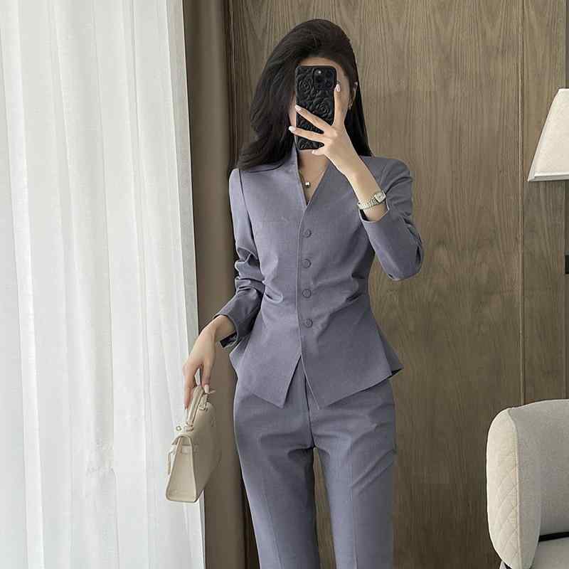スーツ レディース ノーカラー ジャケット セットアップ 女性用 上下セット 長袖 美容院 ホテル 受付 マネージャー 事務服 オフィス ビジネス 制服 通勤 フォーマル ポリエステル 春秋 ネイビー ブラック グレー