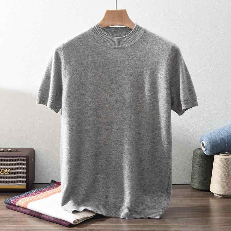 編み物スウェーター カシミール100% メンズ 成人男性用 ハイネック 半袖 ティーシャツ 心地好い 普段使い走り ルーズフィット 無地 秋冬