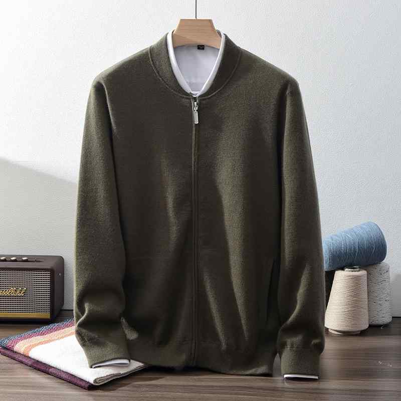 ニット 男性用 精紡カシミヤ100% 高級感 厚手 ダンボールニット スタンドカラー フルジップ ブルゾン アウター カジュアル 秋冬 ミリタリーグリーン カーキ