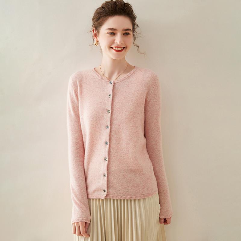 カーディガン レディース 女性用 トップス カシミヤ ラウンドネック ニット 長袖 ゆったり ルーズフィット 無地 保温 秋冬 通勤 羽織り きれいめ シングルボタン ミドル丈 ブラック グレー|花りぼん