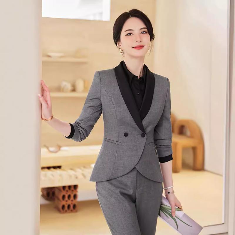 ジャケット レディース グレー ポリエステル ブレザー 通年 オフィス ビジネス 上品 エレガント 制服 ユニフォーム 美容院 ホテル 事務服