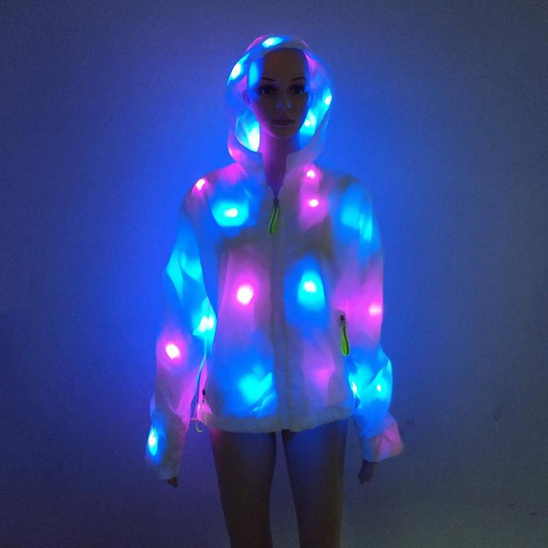 ウインドブレーカー ユニセックス LED 発光 光る 夜光 フェス ライブ イベント パフォーマンス ダンス ストリート フードジャケット アウター カップル ペア お揃い ポリエステル ホワイト