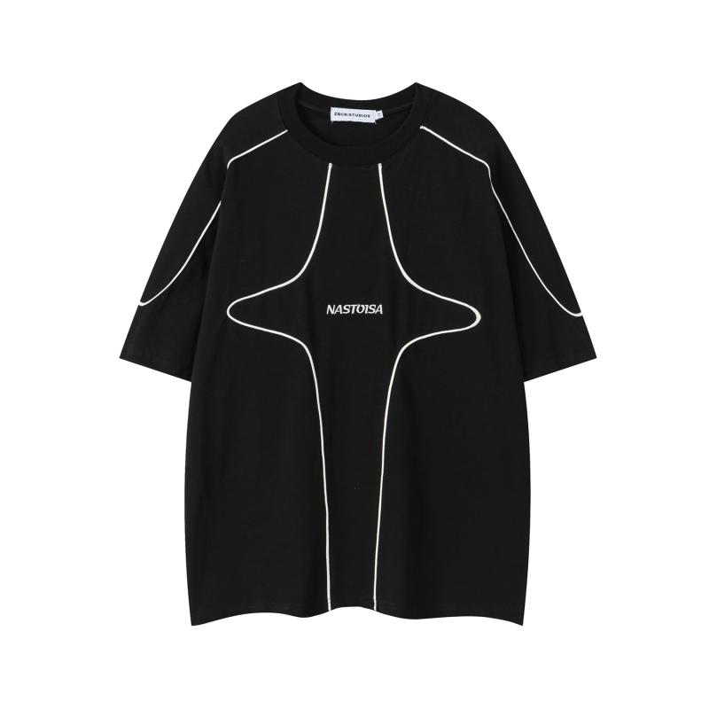 Tシャツ メンズ レディース ユニセックス 春夏 トレンド ストリート テックウェア風 デコンストラクション 個性派デザイン 半袖 ゆったり オーバーサイズ クルーネック ペアルック トップス 綿 ブラック 刺繍 色褪せにくい