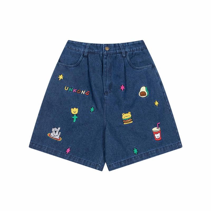 ハーフパンツ ユニセックス 男女兼用 春夏 デニム トレンド ウエストゴム イージーパンツ キャラクター刺繍 アメカジ レトロ ゆったり ルーズフィット カジュアル ブルー コットン 微ストレッチ