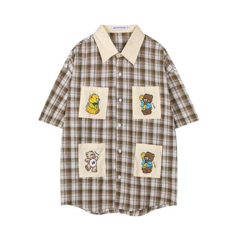 シャツ ユニセックス アメリカンレトロ 切り替え キャラクターくま 刺繍 半袖 開襟 ゆったり ルーズフィット カジュアル 綿素材 ブラウン 普段使い 着回し カップル ペアルック 春夏