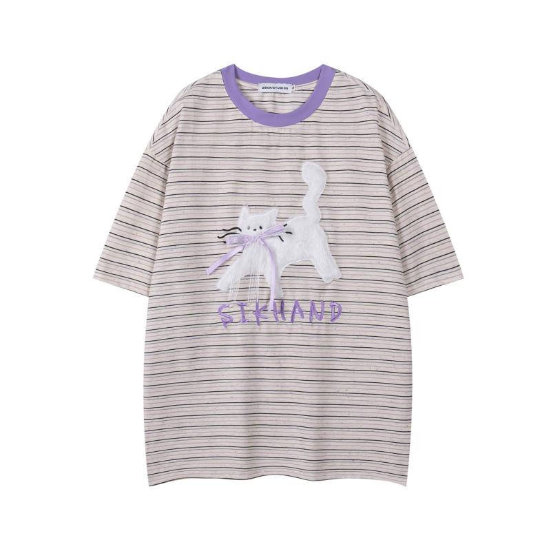 Tシャツ 男女兼用 夏 アメリカン レトロ 配色 ストライプ アニメ風 猫 ドット柄 半袖 ゆったり オーバーサイズ カジュアル ペア ポリエステル ベージュ カットソー