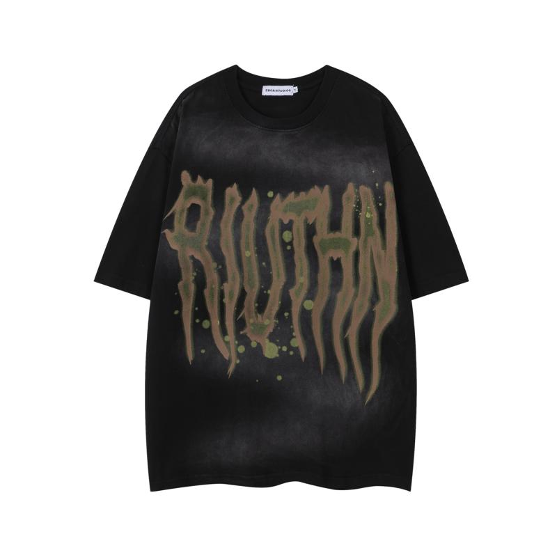 Tシャツ メンズ 半袖 アメリカンヴィンテージ アメカジ ぼかし文字 アルファベットプリント ビッグシルエット ルーズフィット クルーネック プルオーバー 綿100% ウォッシュ加工 カジュアル 普段使い ペア カップル トップス 黒 暗紫 夏