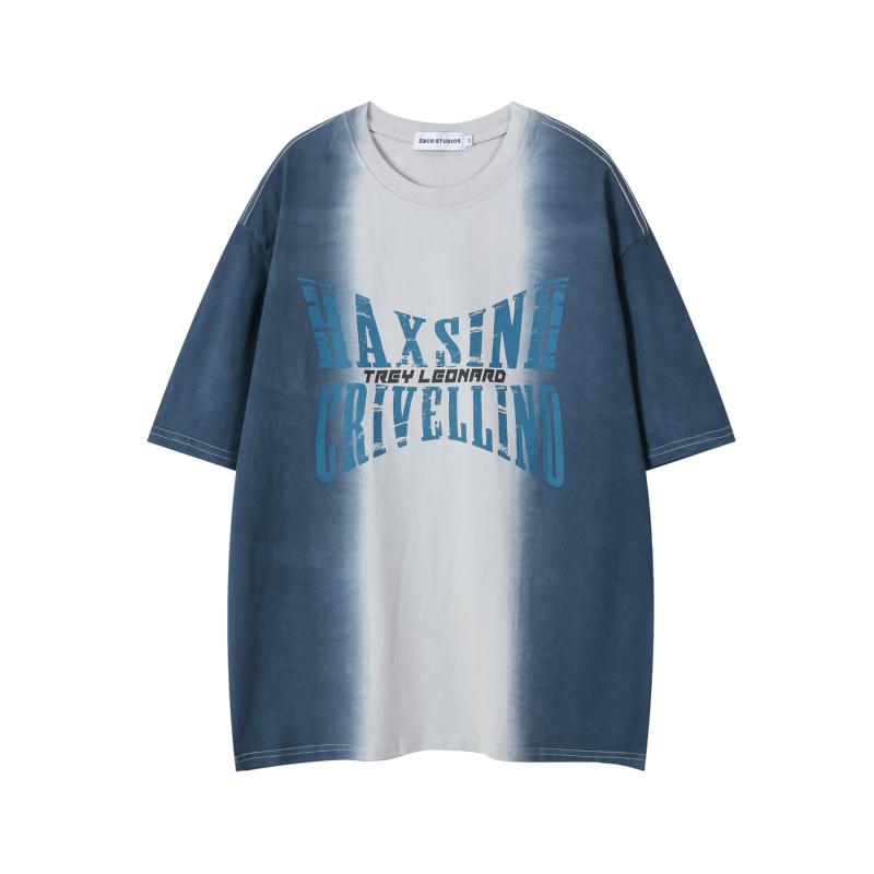 Tシャツ 男女兼用 アメリカン レトロ アメカジ ウォッシュ加工 グラデーション染め ロゴプリント クルーネック 半袖 ゆったりビッグシルエット コットン 夏 グレー