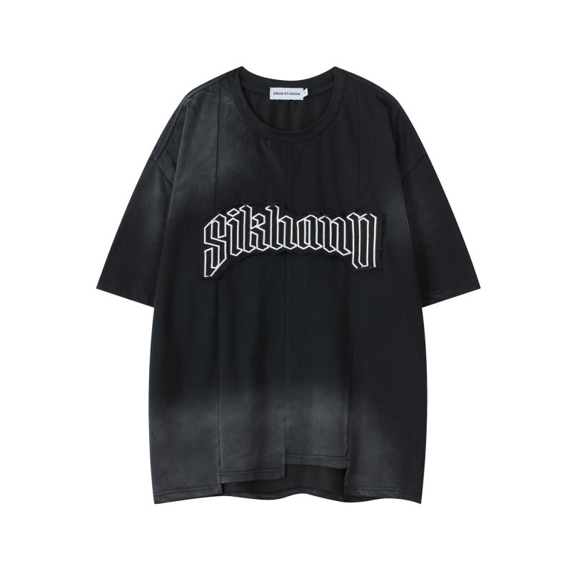 Tシャツ ユニセックス アメカジ 半袖 クルーネック コットン ウォッシュ加工 スノーウォッシュ ロゴ アップリケ刺繍 アシンメトリー 切り替え ビッグシルエット ルーズフィット カジュアル ストリート 春夏