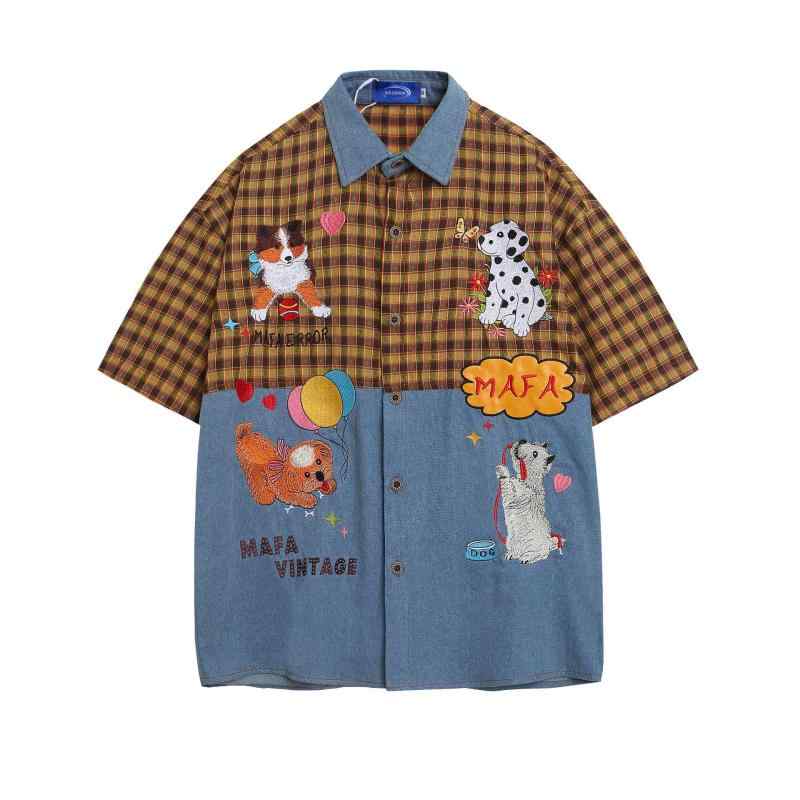トップス ユニセックス 開襟 半袖 デニム アメリカンレトロ キャラクター 刺繍 切り替えデザイン ゆったり 綿 通気性 カジュアル イエロー 春夏
