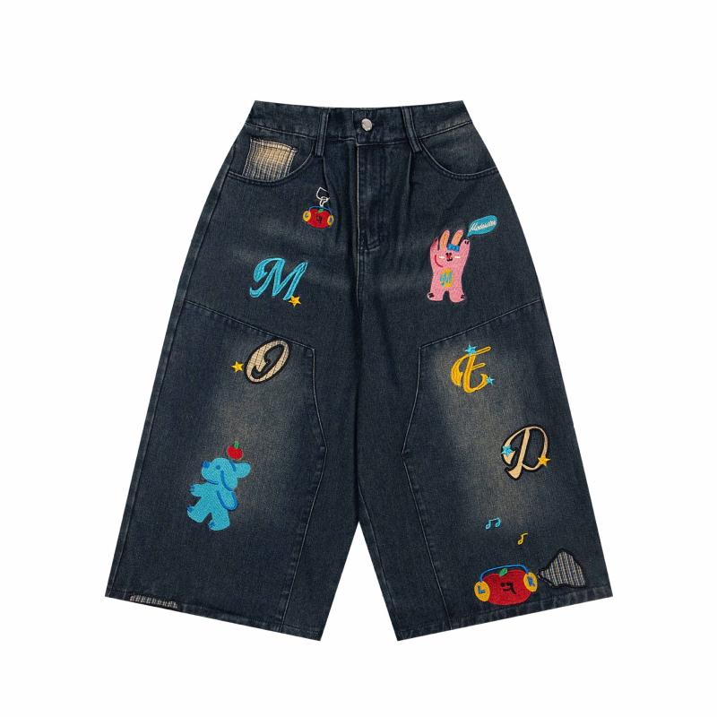 デニムパンツ レディース レトロ調 ヴィンテージ デザイン性 キャラクター刺繍 ゆったり リラックスフィット 七分丈 クロップド丈 ワイドシルエット 綿100% 春夏 4,506円