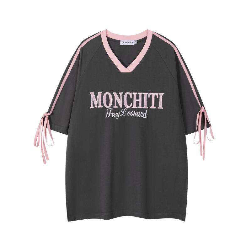 Tシャツ ユニセックス アメカジ アメリカンレトロ アルファベット刺繍 ウェビングテープ デザイン 半袖 ゆったり ビッグシルエット Vネック カジュアル 普段使い 綿 コットン 春夏 ホワイト グレー