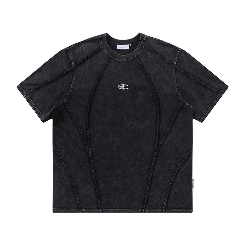 Tシャツ メンズ 厚手 ウォッシュ加工 切り替え 切りっぱなし ルーズフィット 半袖 クルーネック 綿100% コットン アメリカンストリート カジュアル 通気性 吸湿速乾 夏 ブラック