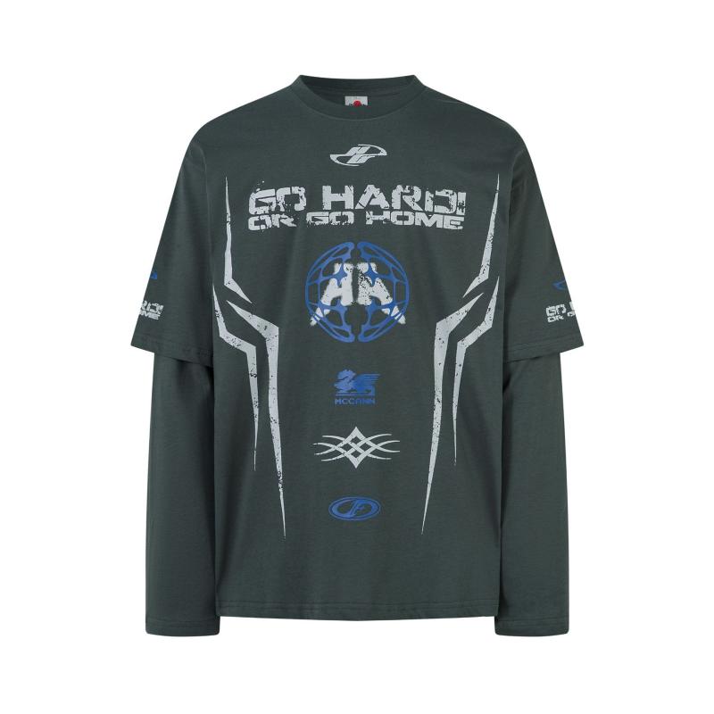 Tシャツ メンズ 春秋 アメリカンレトロ ストリート ヒップホップ バイカー フェイクレイヤード 重ね着風 ウォッシュ加工 オーバーサイズ ビッグシルエット ドロップショルダー クルーネック 長袖 綿100% 通気性 吸湿速乾 カットソー