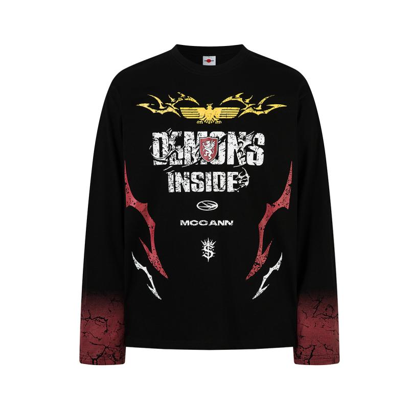 Tシャツ メンズ JAKOO 秋冬 アメリカン ストリート ヒップホップ トレンド バイカー風 ブラック グラフィックプリント 長袖 トップス ゆったり ドロップショルダー ラウンドネック 綿100% 吸湿速乾 普段使い カジュアル