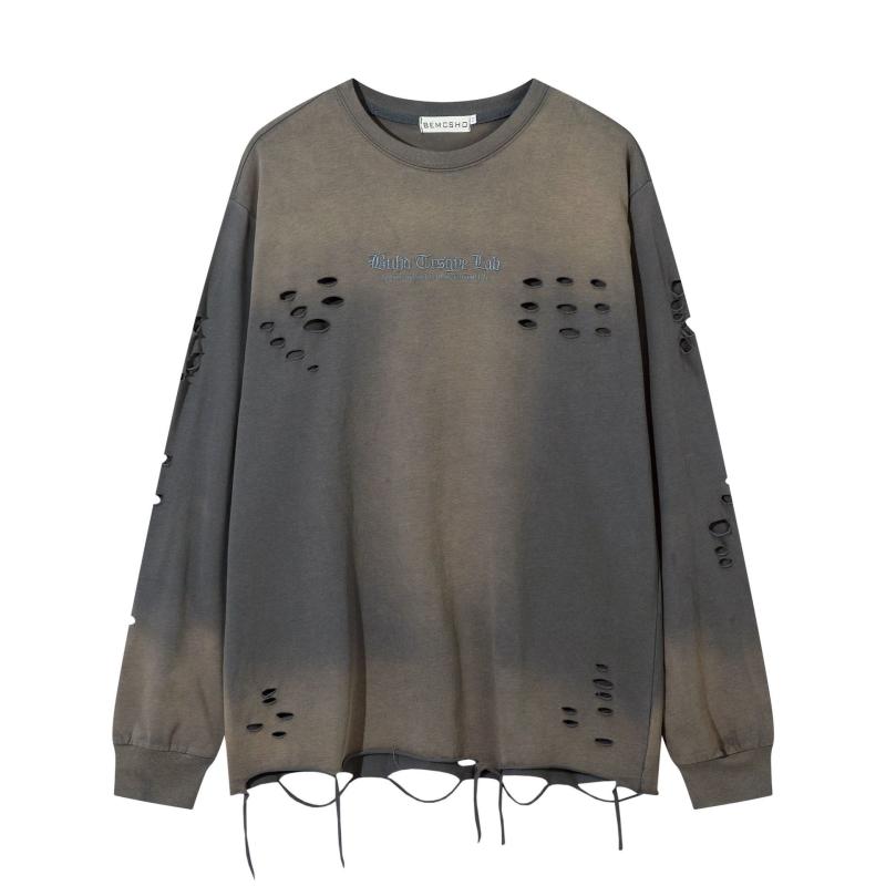 Tシャツ メンズ ゆったり 長袖 丸首 アメリカンストリート カジュアル ファッション ウォッシュ加工 ダメージ デストロイ加工 綿素材 通気性 吸湿速乾 グレー ブラック 春夏秋