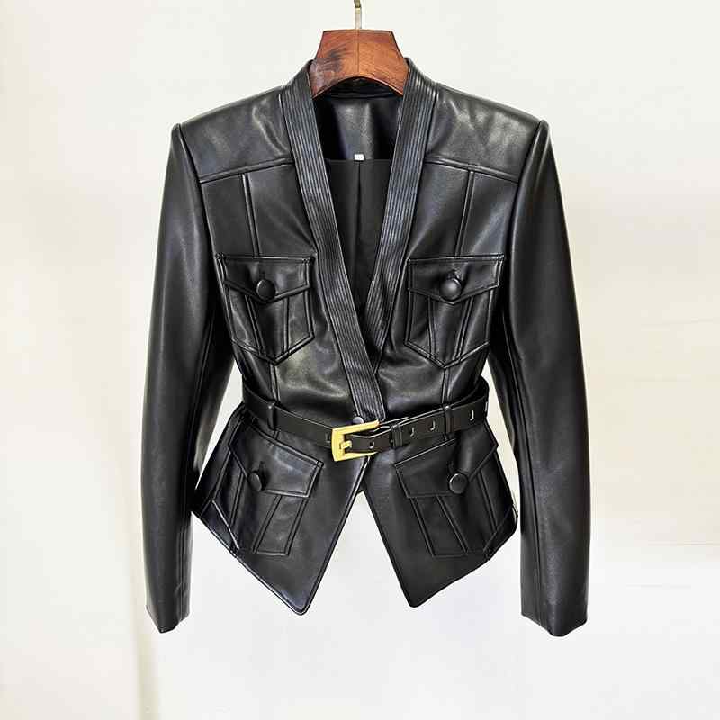 ジャケット レディース 女性用 PUレザー レザージャケット ライダースジャケット 秋冬 ショート丈 スリム ウエストベルト付き ブラック 合成皮革 アウター ブルゾン 通勤 オフィス カジュアル 襟付き 長袖 切り替えデザイン｜花りぼん