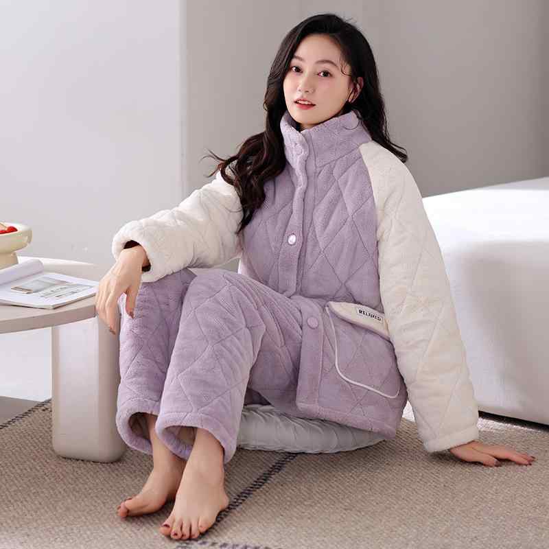 お部屋お召しもの レディース 冬用 サンゴフリース ポリエステル 3層 中綿入り口・入口 極厚 あったか 保温 静電気押しとどめる ハイネック 長袖 長ズボン ジレー セットアップ 気が大きい大きさ パジャマ お部屋着 ワンマイルウェア 韓国風