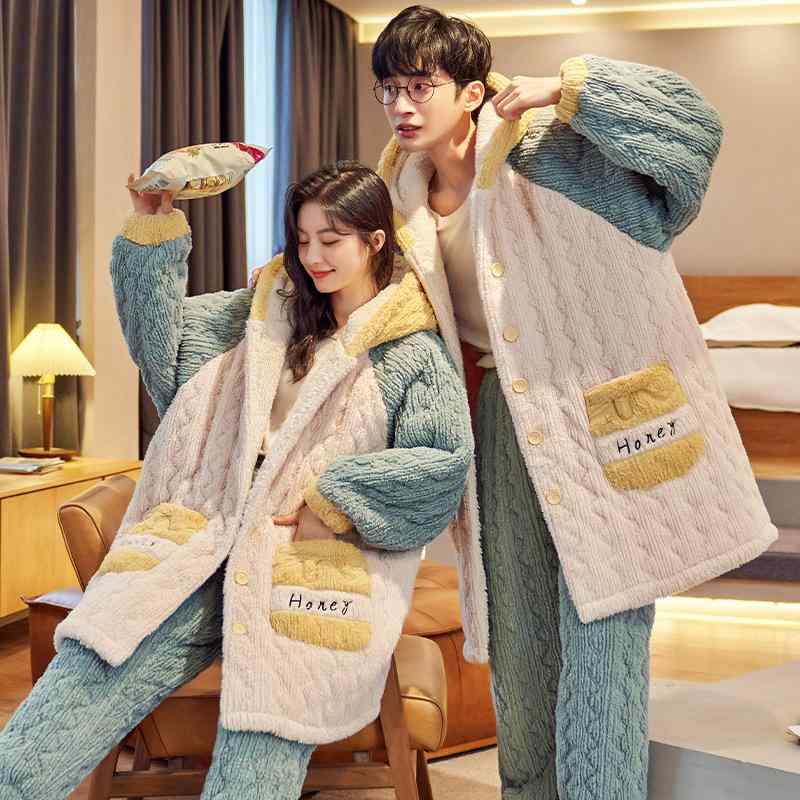 パジャマ 好一対 ありの実 レディース メンズ 秋冬 綿ネル サンゴフリース 三層 中綿入り口・入口 裏起毛 超朦々たる 保温 あったか 御前上等感 ロング丈 部屋着 お座敷お召しもの お座敷着 普段使い ペアルック-ナイトウェア・ルームウェア