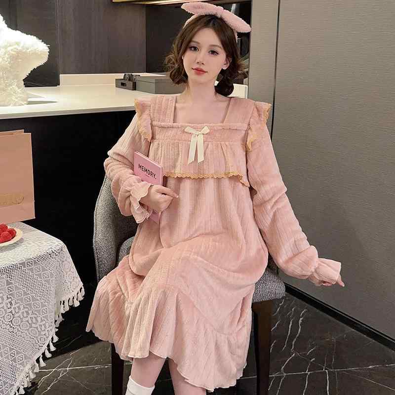 部屋着 レディース 女性用 フランネル サンゴフリース 厚手 あったか 長袖 ゆったり ロング丈ワンピース ネグリジェ パジャマ プリンセス風 レトロ 無地 冬 普段使い おうち時間