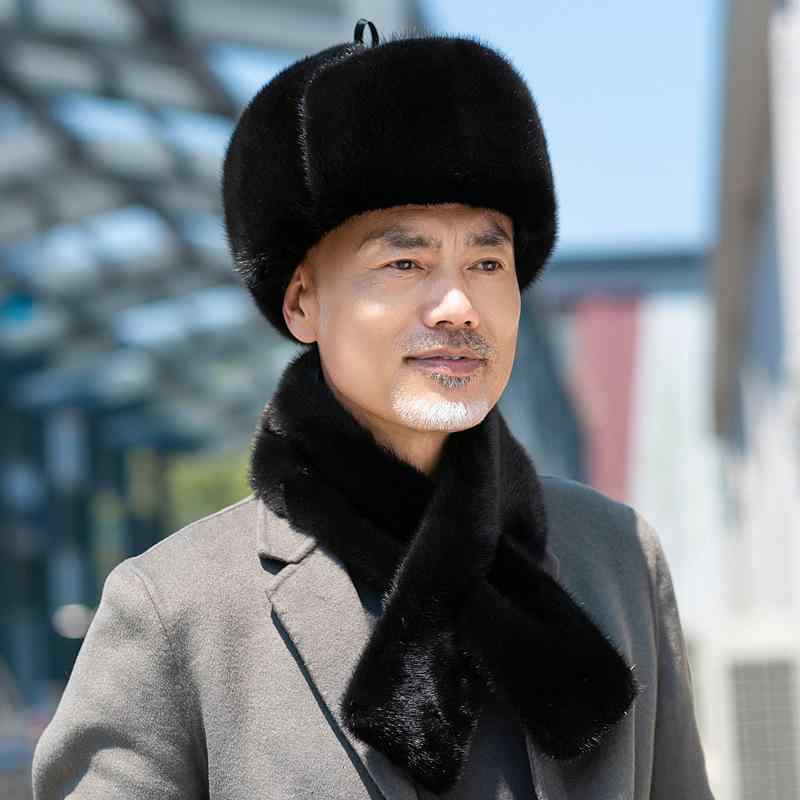 ハット 男性用 リアルミンクファー 本革羊革 耳当て付き ロシア帽 フラットトップ 防寒 冬用 厚手 保温 カジュアル アウトドア マフラーセット 高級感 14,625円