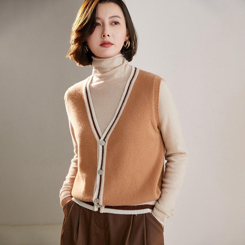 ジレ レディース Vネック 開襟 ニット ゆったり カシミヤ 秋冬 通勤 オフィス きれいめ カジュアル 無地 着回し 重ね着 上品