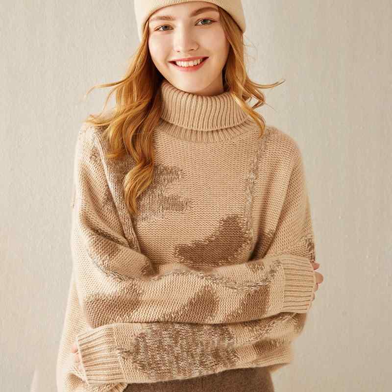 編み物 レディース ハイネック タートルネック カシミール 純一無雑 インターシャ うつり変わり ゆったり 伸び伸びする ティーシャツ 長袖 真っただ中ゲージ 中朦々たる ともし火ベージュ 表どおり心地よい スウェーター 秋冬