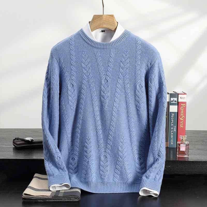 セーター メンズ 男性用 秋冬 カシミヤ ウール 厚手 クルーネック ジャカード ニット ゆったり カジュアル ビジネス トップス インナー 丸首 ホワイト ライトブルー グレー｜花りぼん