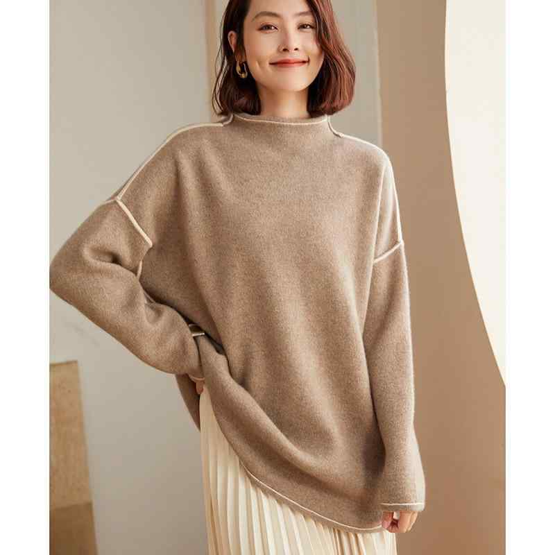 ニットワンピース レディース ハイネック 長袖 ドロップショルダー 厚手 暖かい 防寒 カシミヤ ゆったり 体型カバー 細見え ミドル丈 秋冬 通勤 オフィス 上品 ブラウン系 グレー系