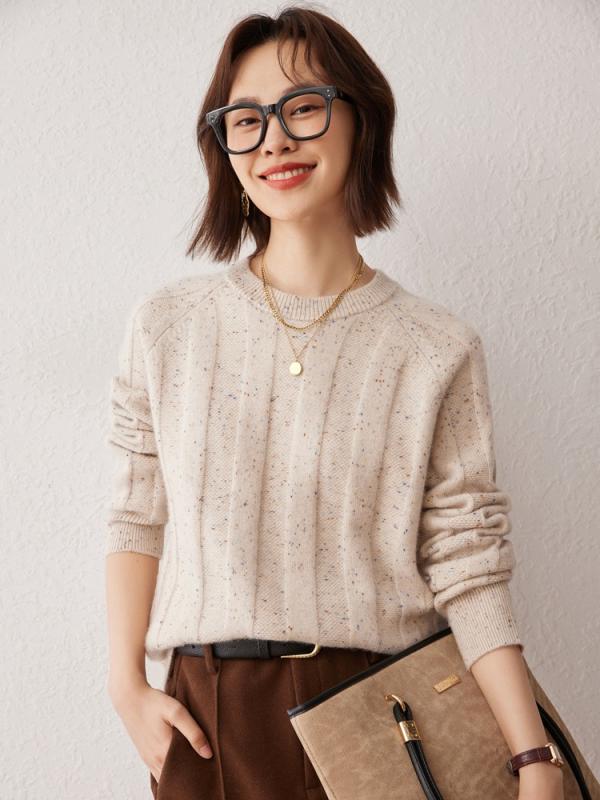 ニット レディース カシミヤ100% 秋冬 リブ編み クルーネック プルオーバー トップス 上品 フェミニン ゆったり 体型カバー