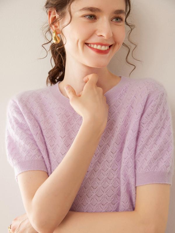ニット レディース 秋冬 ラウンドネック カシミヤ 透かし編み ゆったり 体型カバー 半袖 薄手 エレガント 通勤スタイル 着回し 万能