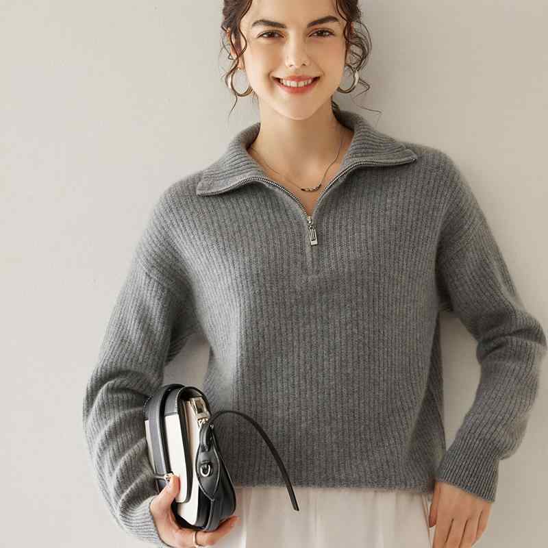 編み物 レディース 秋冬 カシミール ハーフジップ 長袖 スウェーター ティーシャツ トップス ゆったり 保温性 膚ざわり好いたらしい 着回し 事務室 心地よい