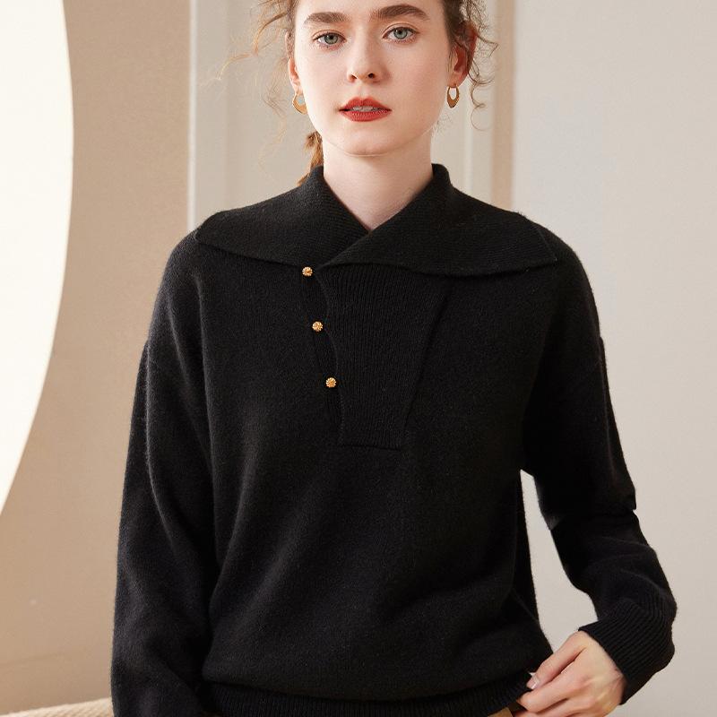 セーター レディース 女性用 カシミヤ ニット 秋冬 襟付き 長袖 プルオーバー ゆったり ルーズフィット 無地 保温 あったか スタイルアップ 着痩せ トップス 通勤 オフィス
