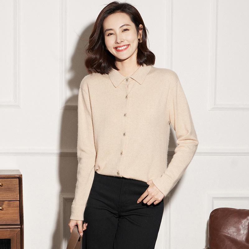 カーディガン レディース 女性用 秋冬 カシミヤ ポロ襟 長袖 ニット セーター ゆったり ルーズフィット 着痩せ 細見え アウター 羽織り 通勤 オフィス カジュアル 上品 配色 切り替え 高級感