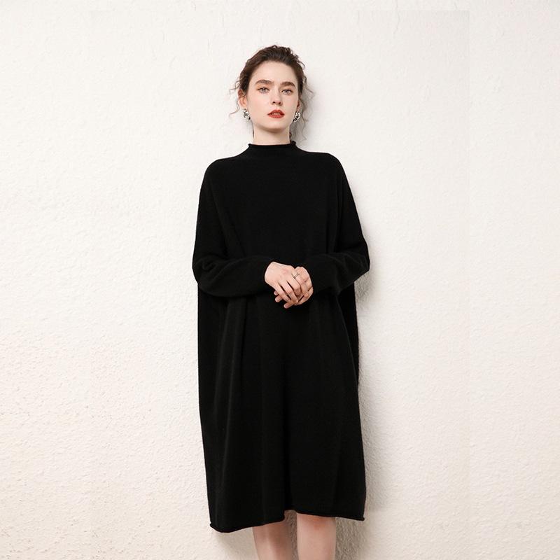 ワンピース レディース ロング丈 カシミヤ ハイネック ミドルゲージニット 厚手 秋冬 ゆったり 大きいサイズ 無地 プルオーバー 重ね着 ルームウェア 通勤 カジュアル 黒 グレー キャメル｜花りぼん