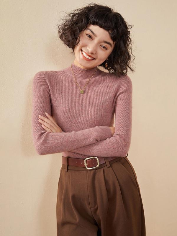 ニット レディース カシミヤ ハイネック 無地 スリムフィット 長袖 プルオーバー インナー トップス ホールガーメント リブ編み 中厚手 きれいめ 通勤 オフィス 上品 秋冬|花りぼん